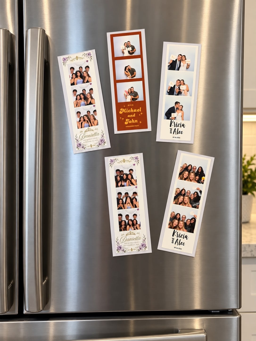 Magnetic photo booth frames on refrigerator showing various designs