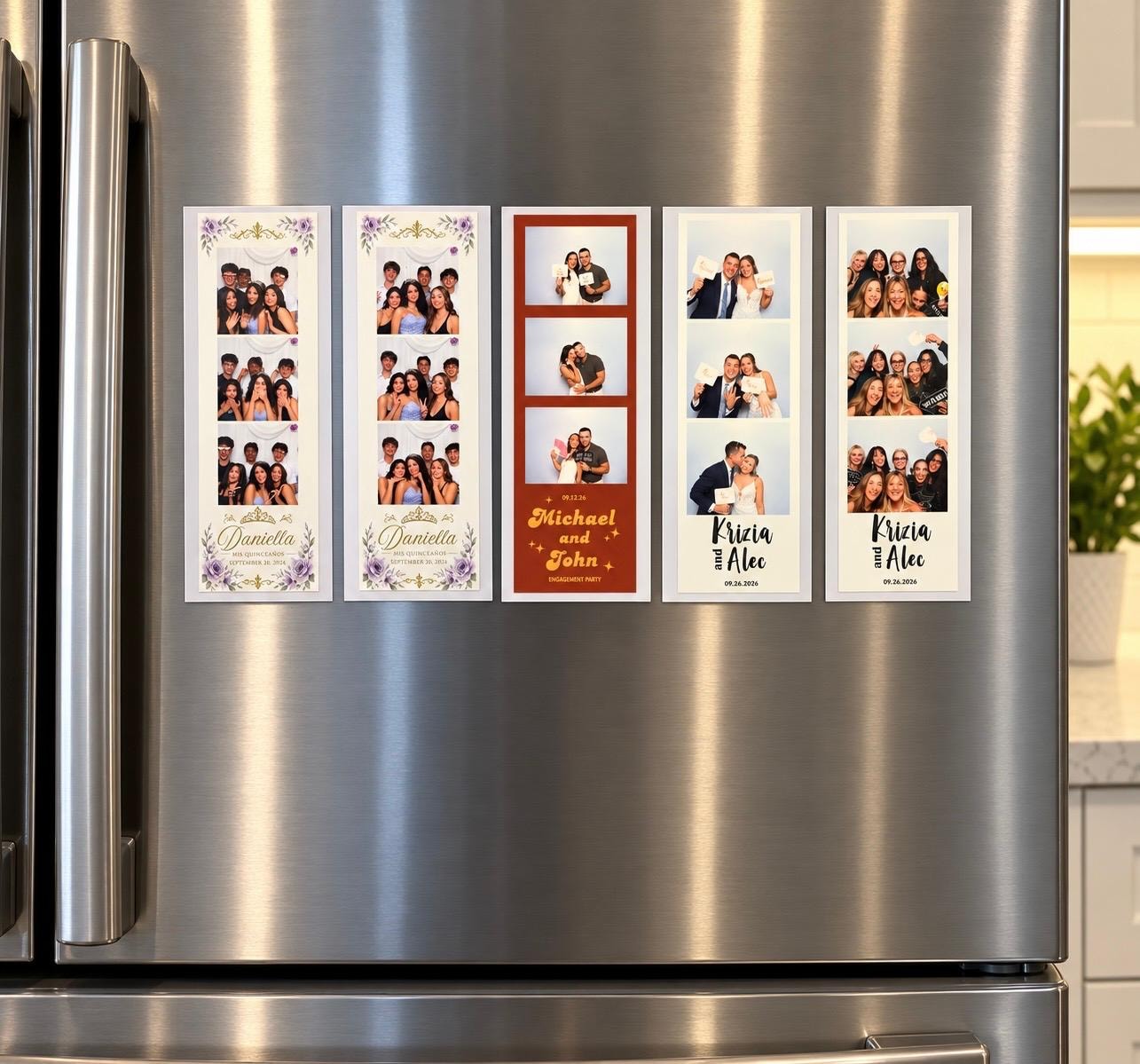 Magnetic photo booth frame designs displayed on refrigerator